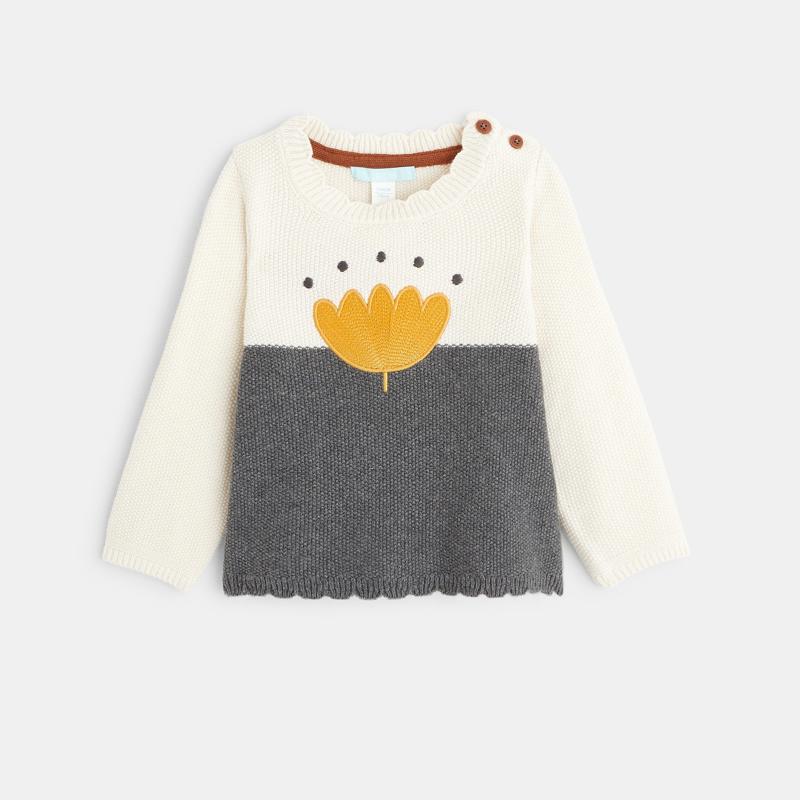 Pull tricot fleur brodée gris bébé fille Gris ou noir