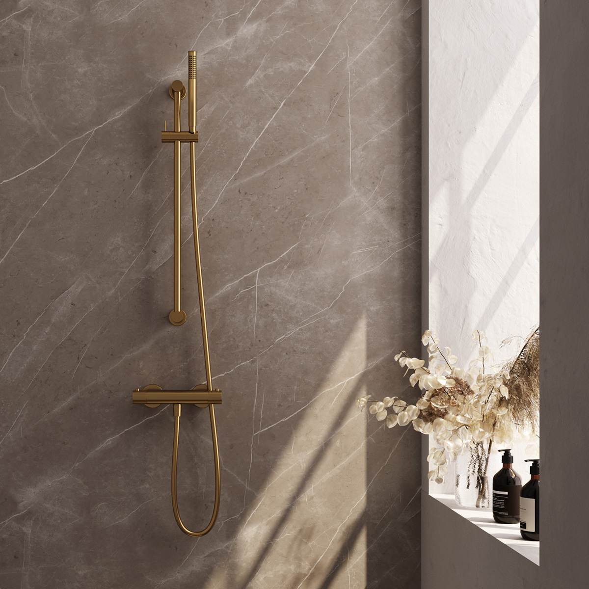 Brauer Stripe thermostatische douchekraan met glijstang en staafhanddouche messing geborsteld PVD