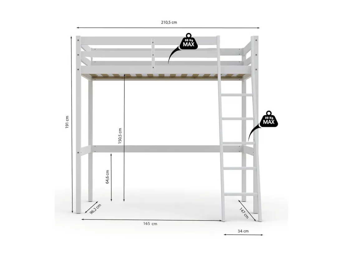 Lit mezzanine STUDIO 90x200 + 1 sommier / Blanc