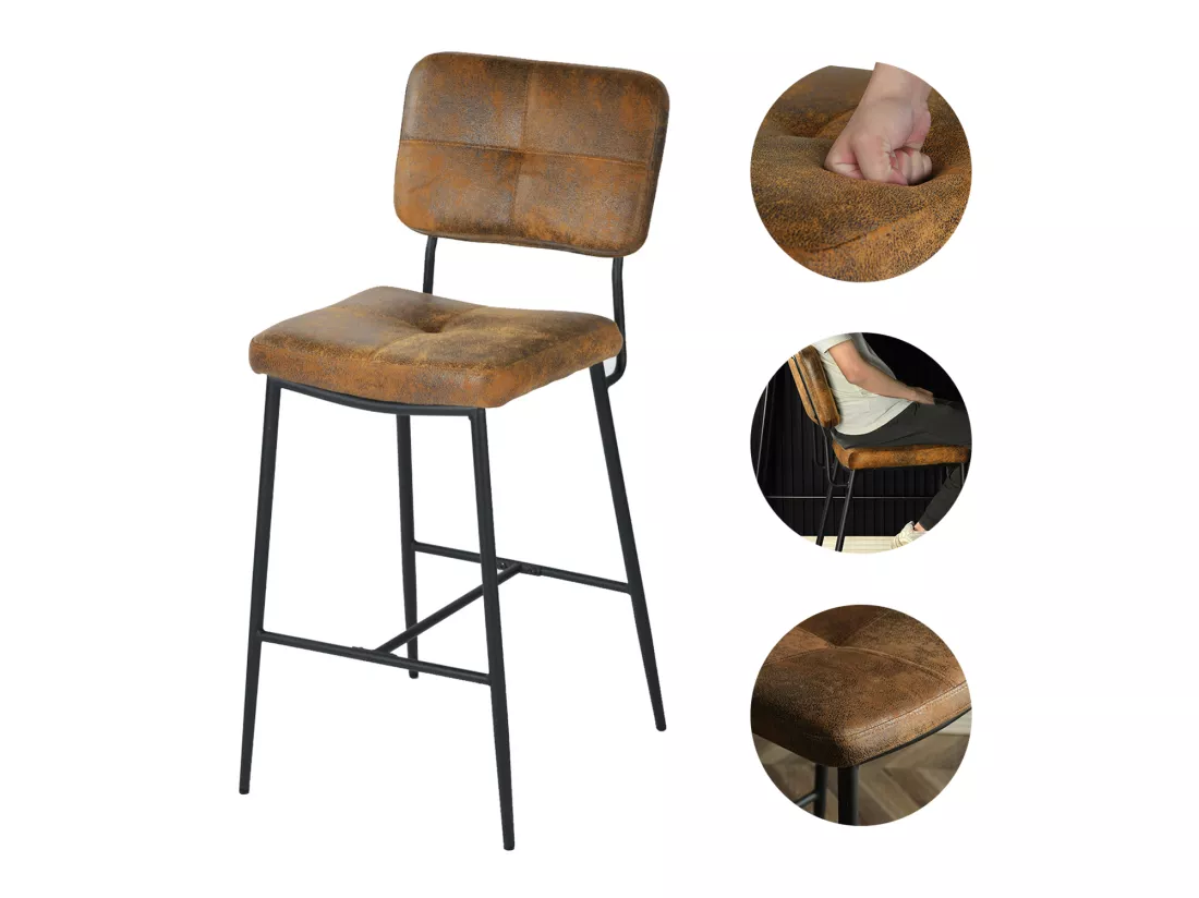 Lot De 4 Tabouret De Bar Industriel Avec Dossier Et Repose-pieds, Siège Rembourrés Marron