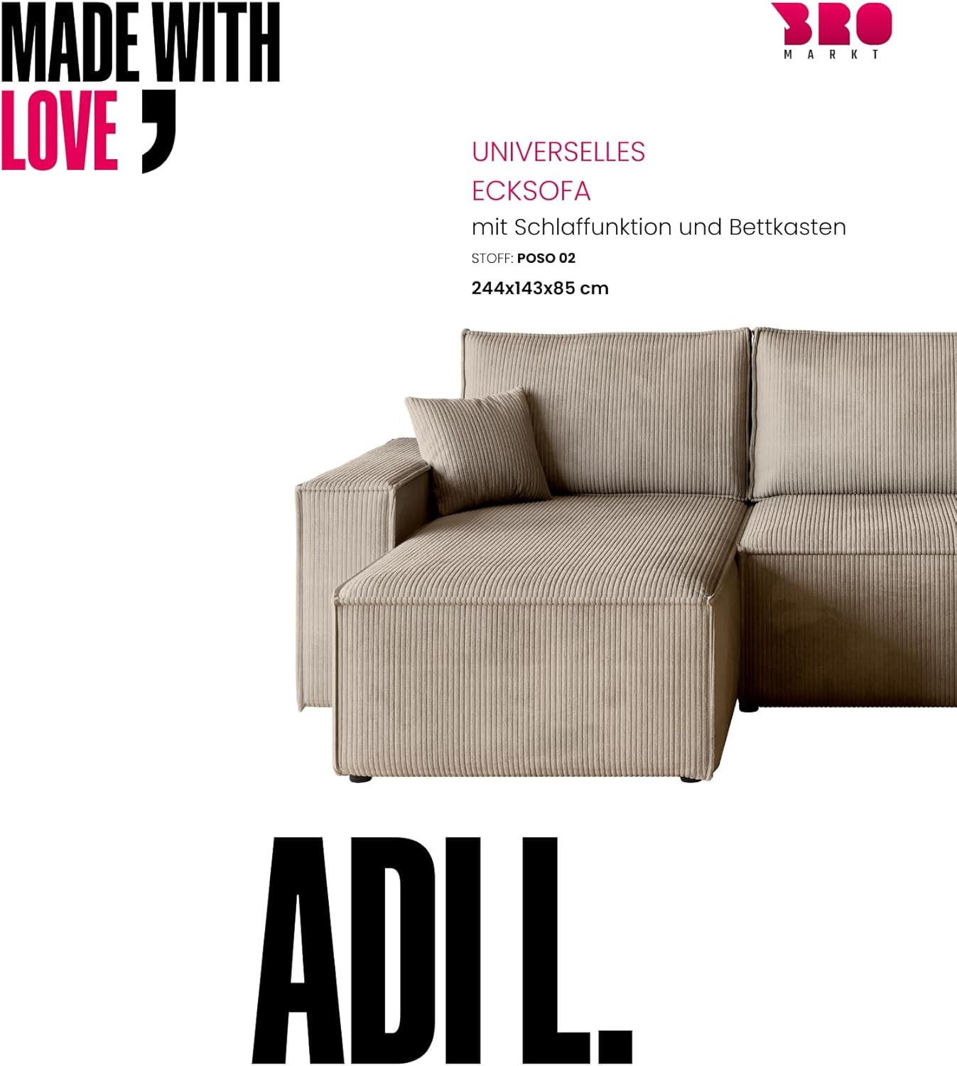 BROMARKT Sofa mit Schlaffunktion Couch L Cordstoff Sofa Bettkasten Schlafsofa für Wohnzimmer Ecksofa freistehend Adi Relaxsofa 3 sitzer 244x143x85 cm Beige