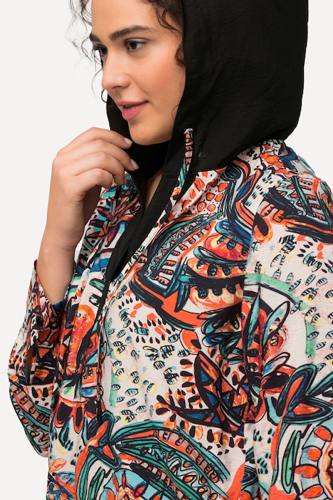 Kapuzen-Bluse, Paisley, A-Linie, V-Ausschnitt, Langarm