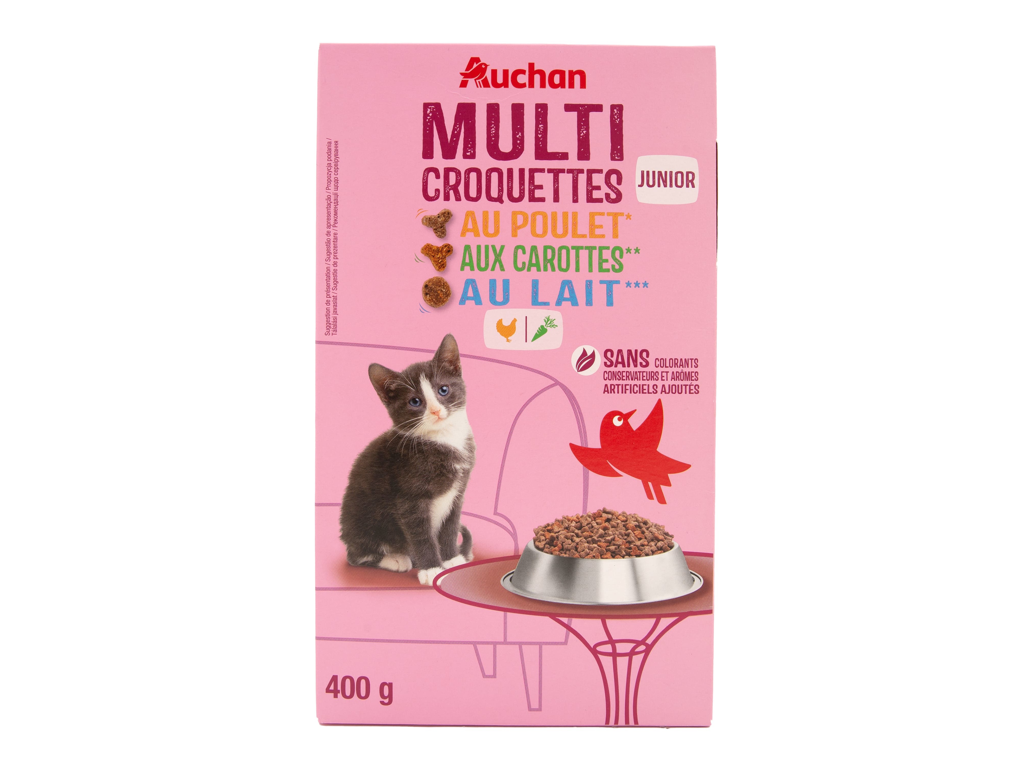 RAÇÃO PARA GATO JÚNIOR AUCHAN COM FRANGO COM CENOURA E COM LEITE 400G