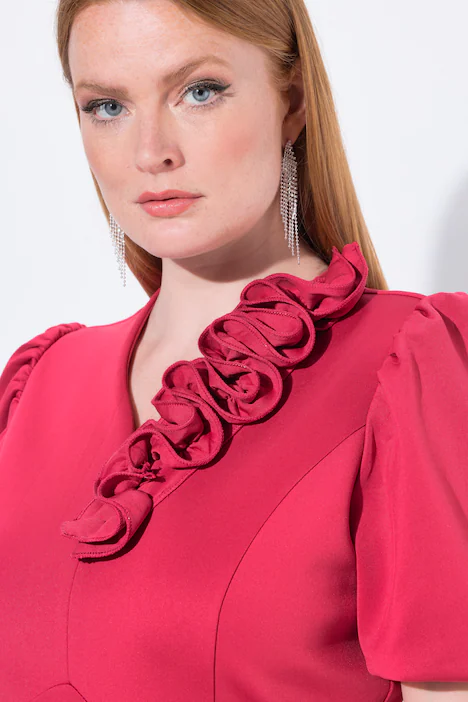 Bodycon-Scubakleid, 3D-Rosen, Puff-Halbarm, magenta