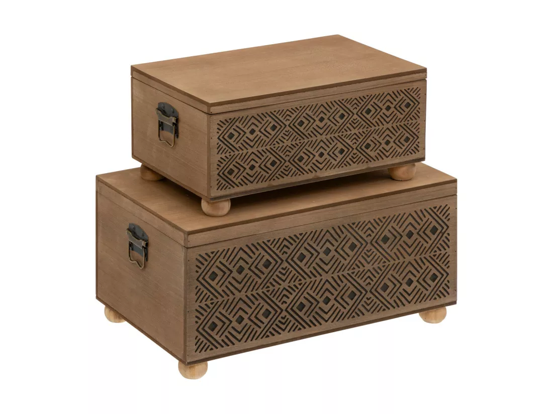 Set de 2 Malles de rangement en bois marron gravé L 51 et L 41 cm
