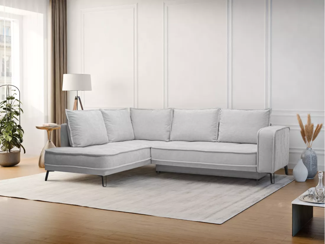 Canapé d'angle gauche convertible en tissu gris clair BALCORIA de Maison Céphy