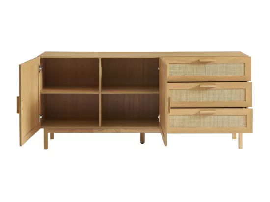 June - Buffet 2 portes 3 tiroirs en bois et cannage L180cm - Bois clair