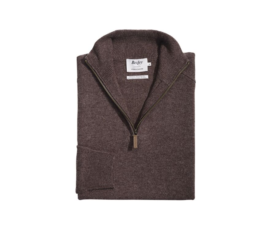 Pull homme laine col zippé Marron Brun - KENNETH
