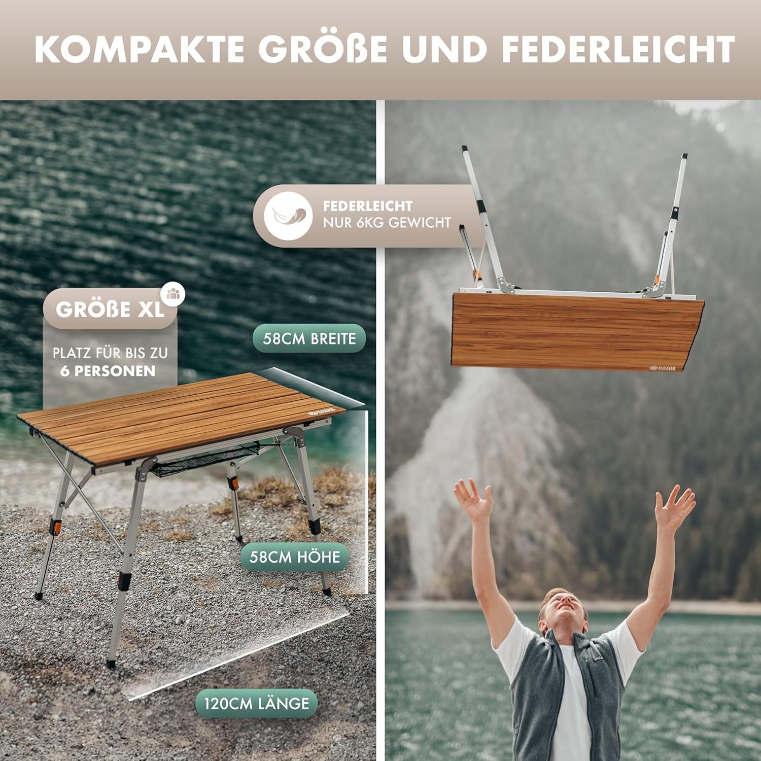 NATURBUMMLER Campingtisch klappbar [Solid Litec+] ultraleichter & höhenverstellbarer Klapptisch mit Tragetasche – faltbar & rostfrei aus Aluminium (XL) für Outdoor Camping Angeln