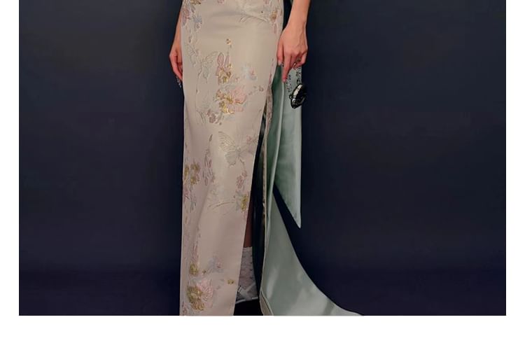 Fioridi - Strapless avondjurk met bloemenprint, strik op de rug en split