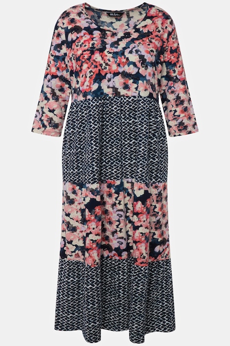 Midikleid, Musterstreifen, A-Linie, Rundhals, 3/4-Arm