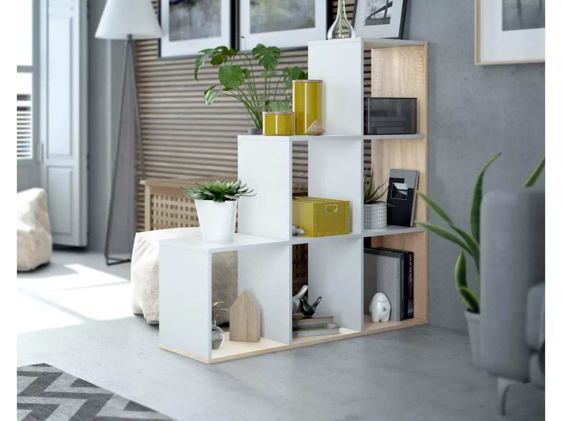 Bibliothèque Dbarth, Bibliothèque double face avec 6 compartiments, Etagère de séparation de bureau, 108x28h110 cm, Blanc et Chêne