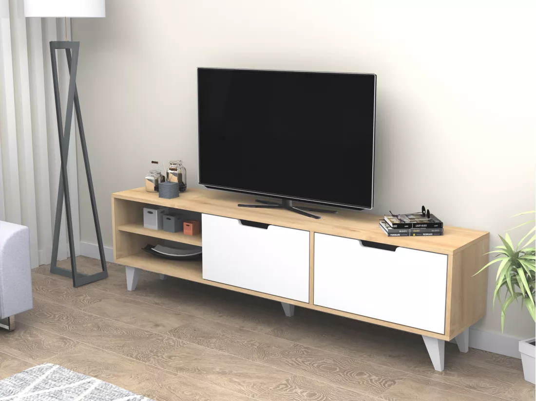 Meuble TV avec 2 portes et 2 niches - Blanc et Naturel - CORENIA
