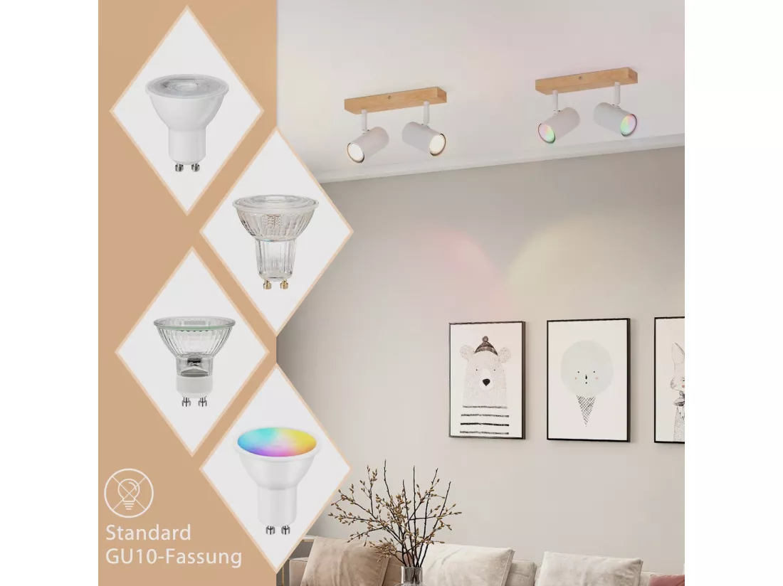 NETTLIFE spot de plafond 2 ampoules bois GU10 blanc lampe de couloir intérieur moderne spot 350° pour salon chambre