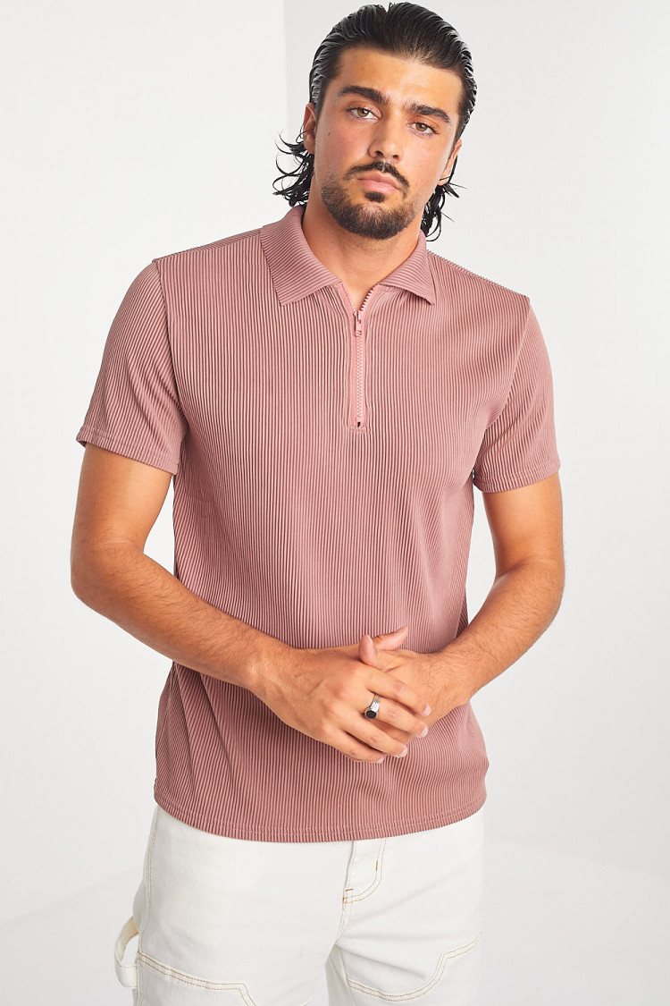 Polo plissé col à fermeture éclair vieux rose