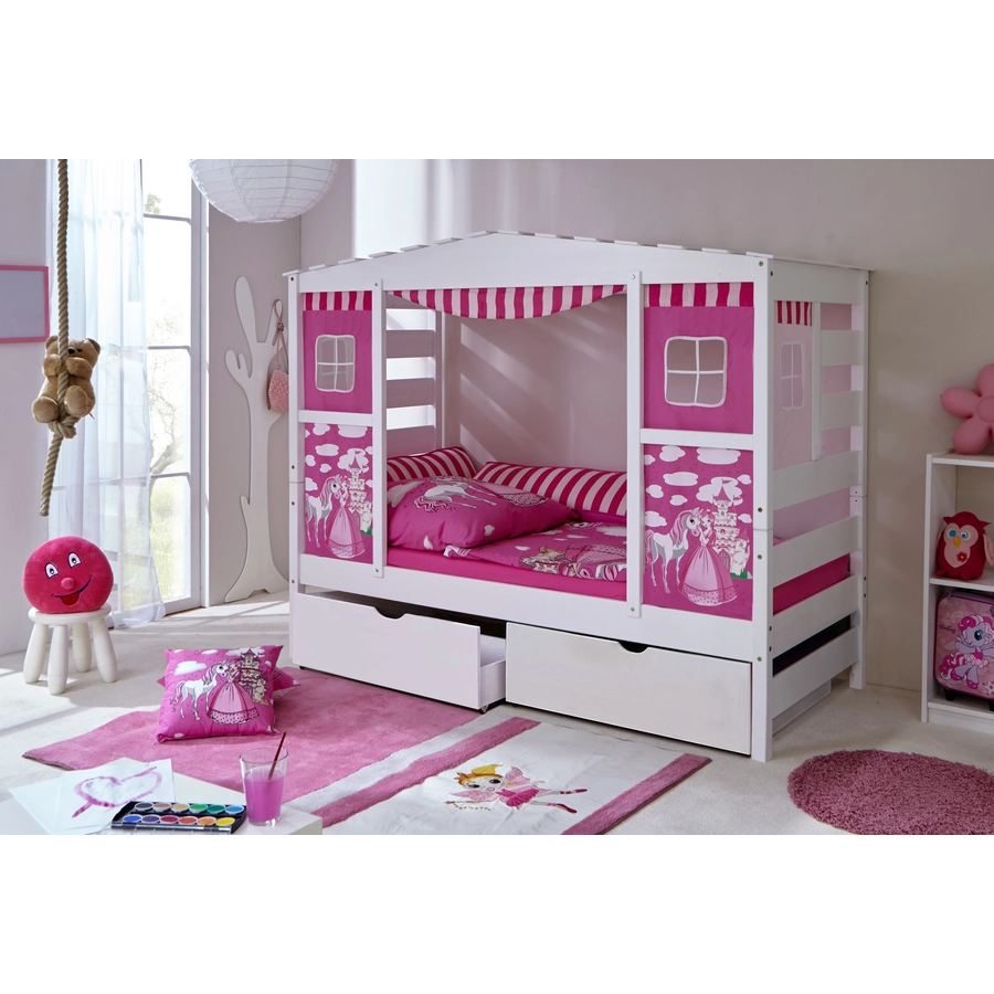 TiCAA Hausbett mit 2 Schubladen Horse Rosa