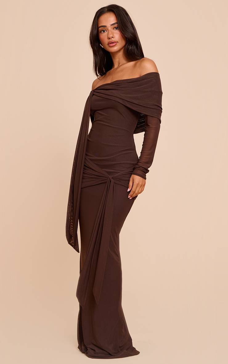 Chocolat Robe Longue Maxi Bardot Asymétrique À Manches Longues Petite