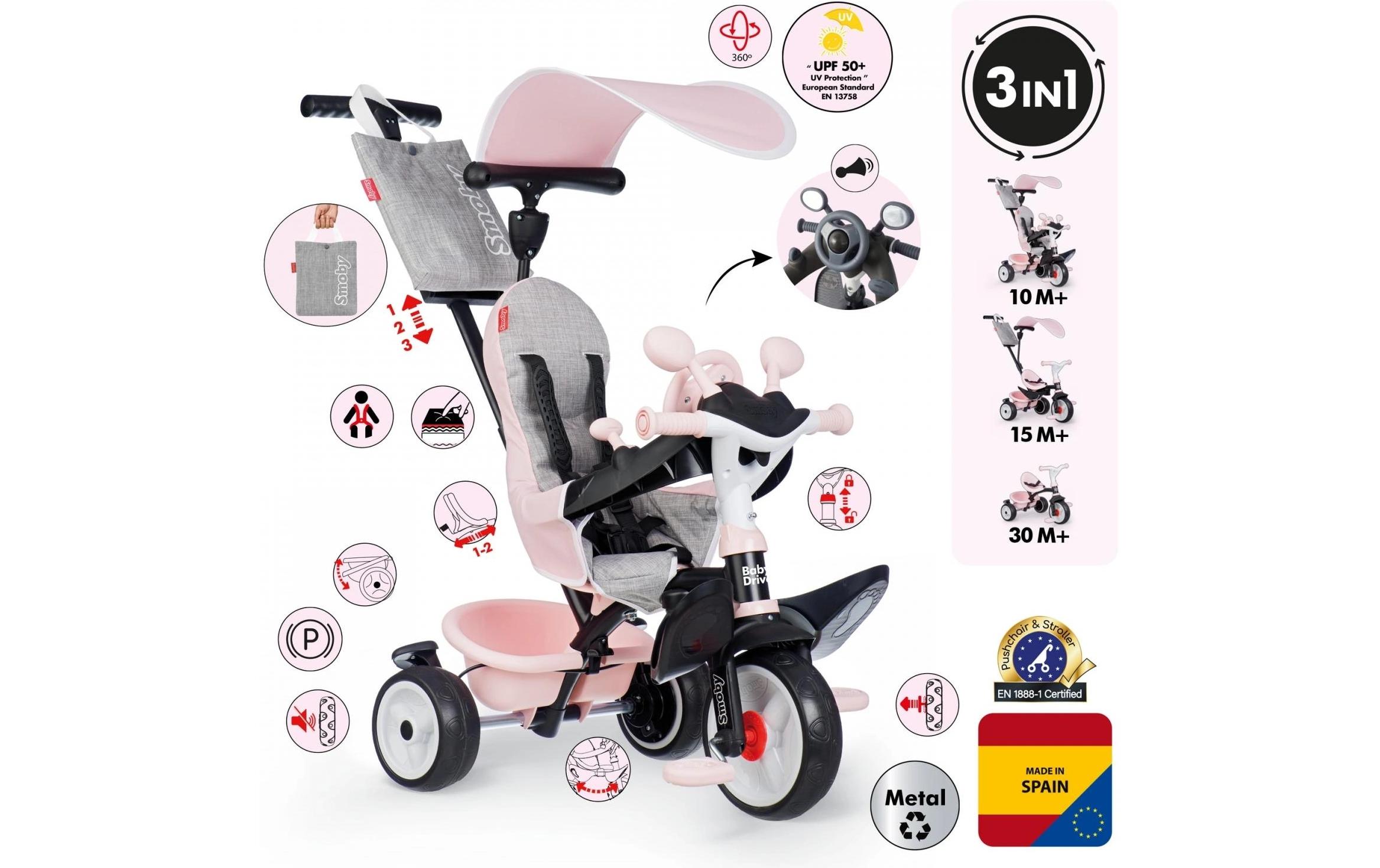 Dreirad Baby Driver Rosa<br>3-in-1 Dreirad mit Sicherheitsfunktionen