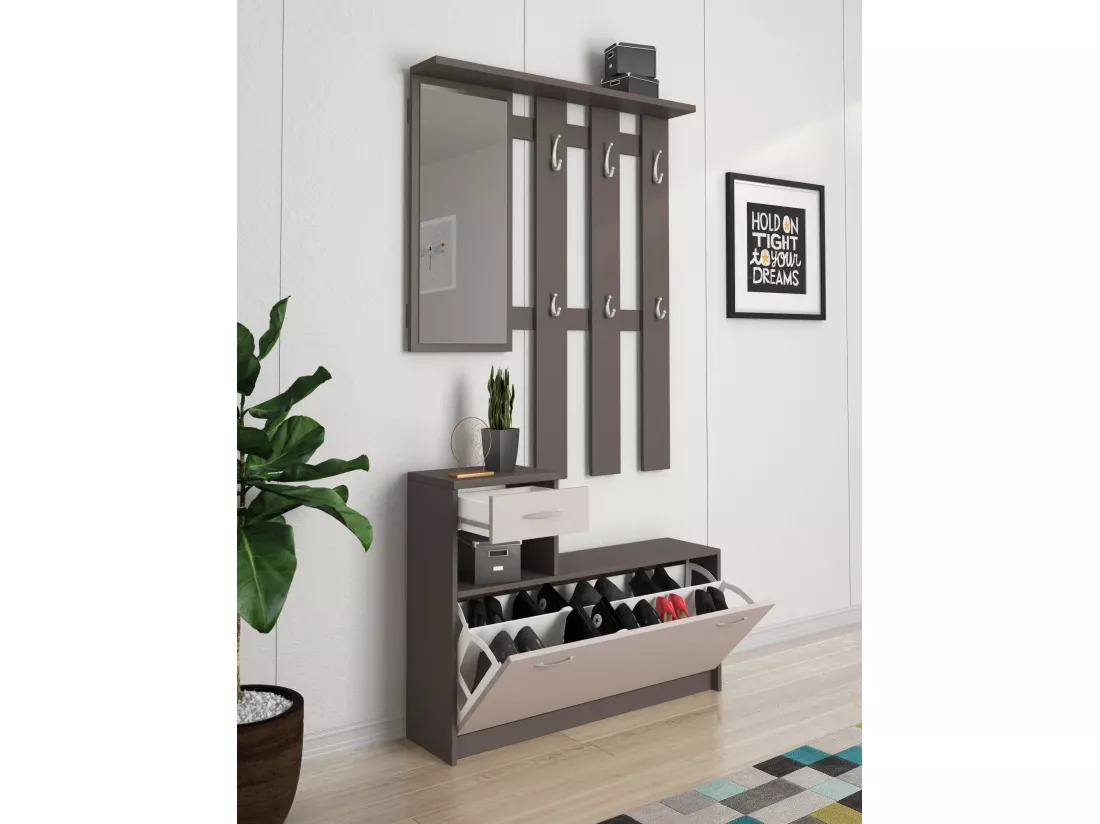 Meuble d'entrée Dbiagin, Entrée moderne, Armoire avec étagère à chaussures, Armoire polyvalente avec miroir et cintre, 100x25h180 cm, Anthracite et Blanc