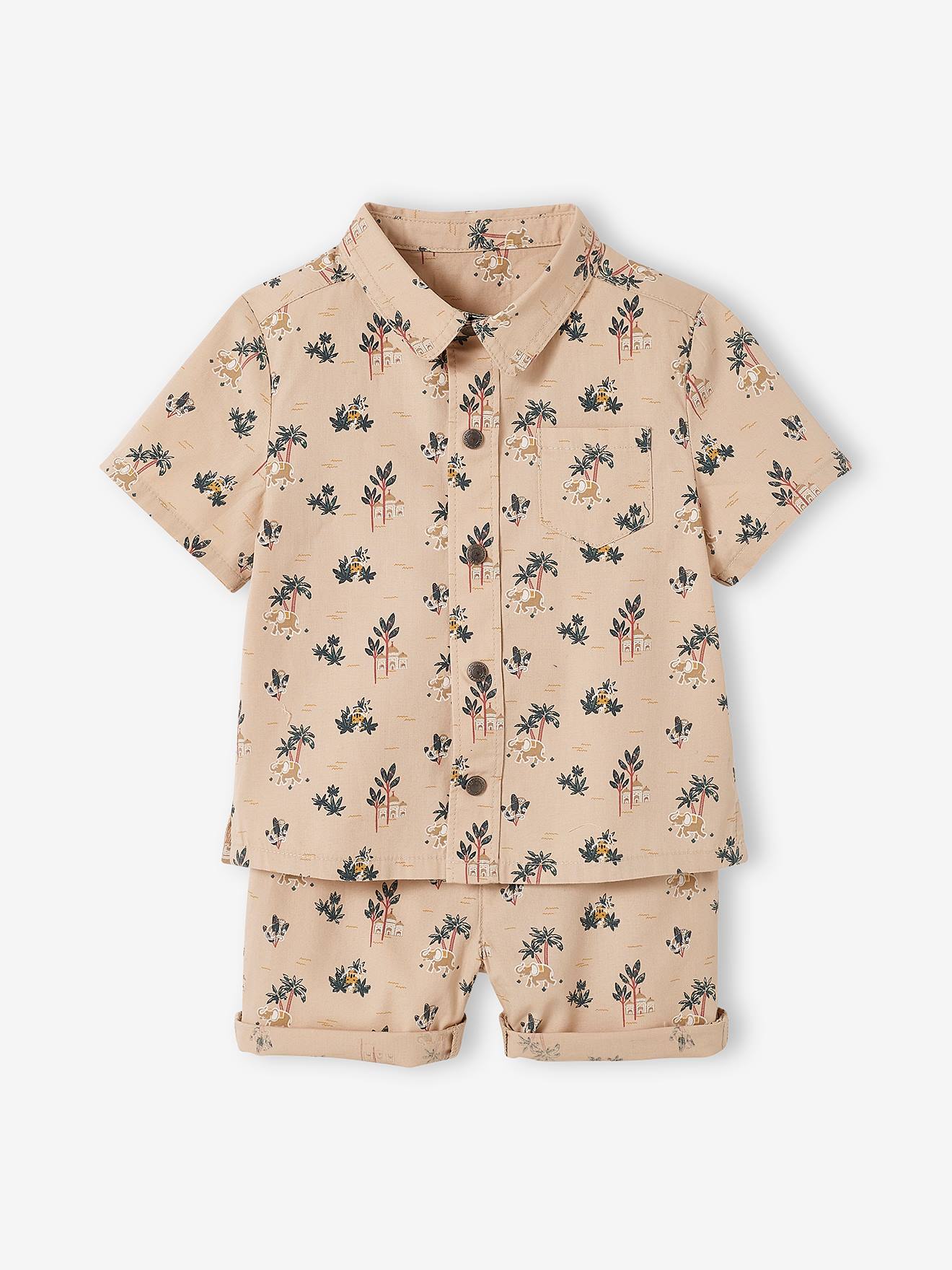 Conjunto de camiseta e shorts bege para bebê com estampa.
