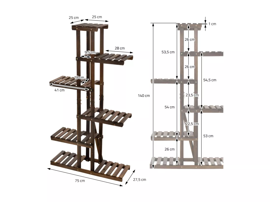 Étagère à fleurs bois marron carbonisé rangement 6 niveaux support de pot salon
