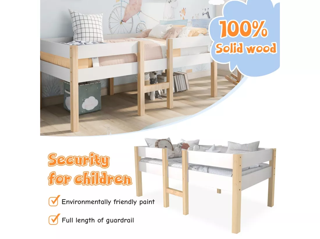 Lit mi-hauteur 90 x 200 cm avec escalier - Charge max. 120kg - Bois de pin massif - Blanc