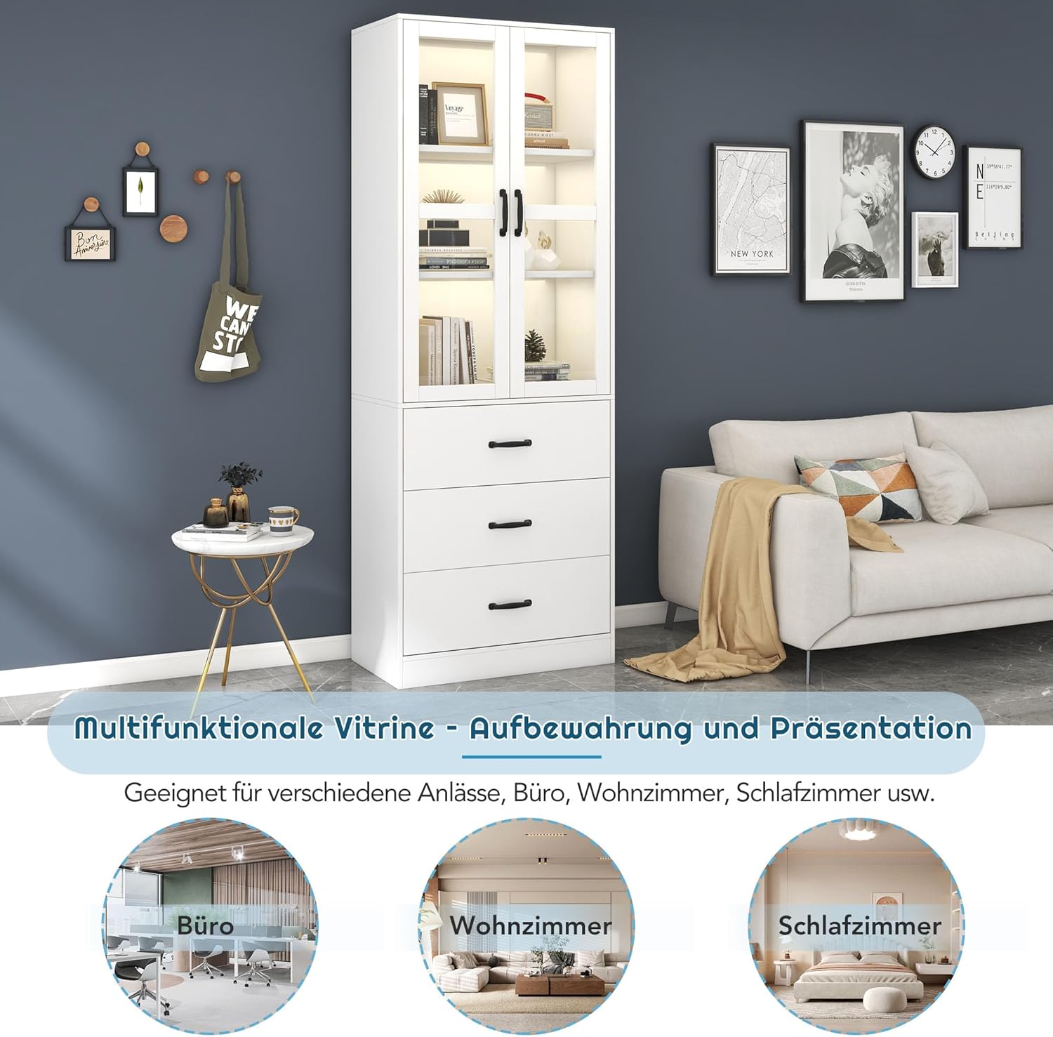 Merax Vitrine mit LED-Lichtern, Modern Standvitrine mit 2 Glastüren und 3 Schubladen, Glasvitrine Highboard mit viel Stauraum, Aufbewahrungsschrank Bücherschrank für Wohnzimmer Büro Esszimmer, Weiß