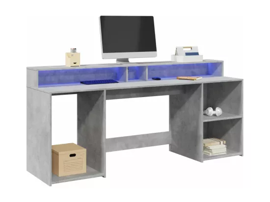 Bureau et lumières LED gris béton 200x55x91cm bois d'ingénierie