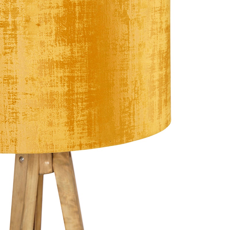 QAZQA - Landhuis I Vintage Rustieke Statieflamp Vintage Hout met Goud I Messing Kap 50 cm - Statief I Driepotige Lamp I Klassiek Statief I Woonkamer I Slaapkamer - Rond - LED Geschikt E27