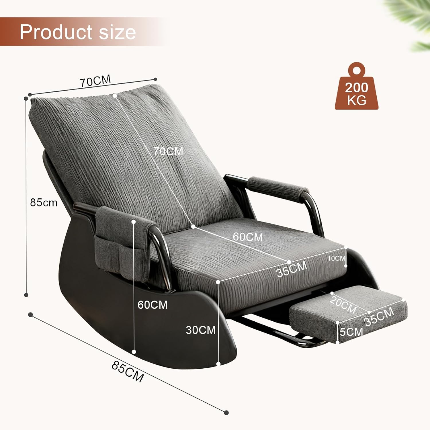 Schaukelsessel mit Hocker, Schaukelstuhl mit fußstütze Wohnzimmer, 3-Fach Verstellbare Rückenlehne, Stillsessel Lesesessel Relaxstuhl mit Seitentaschen & PU fürs Schlafzimmer Balkon (Grey)