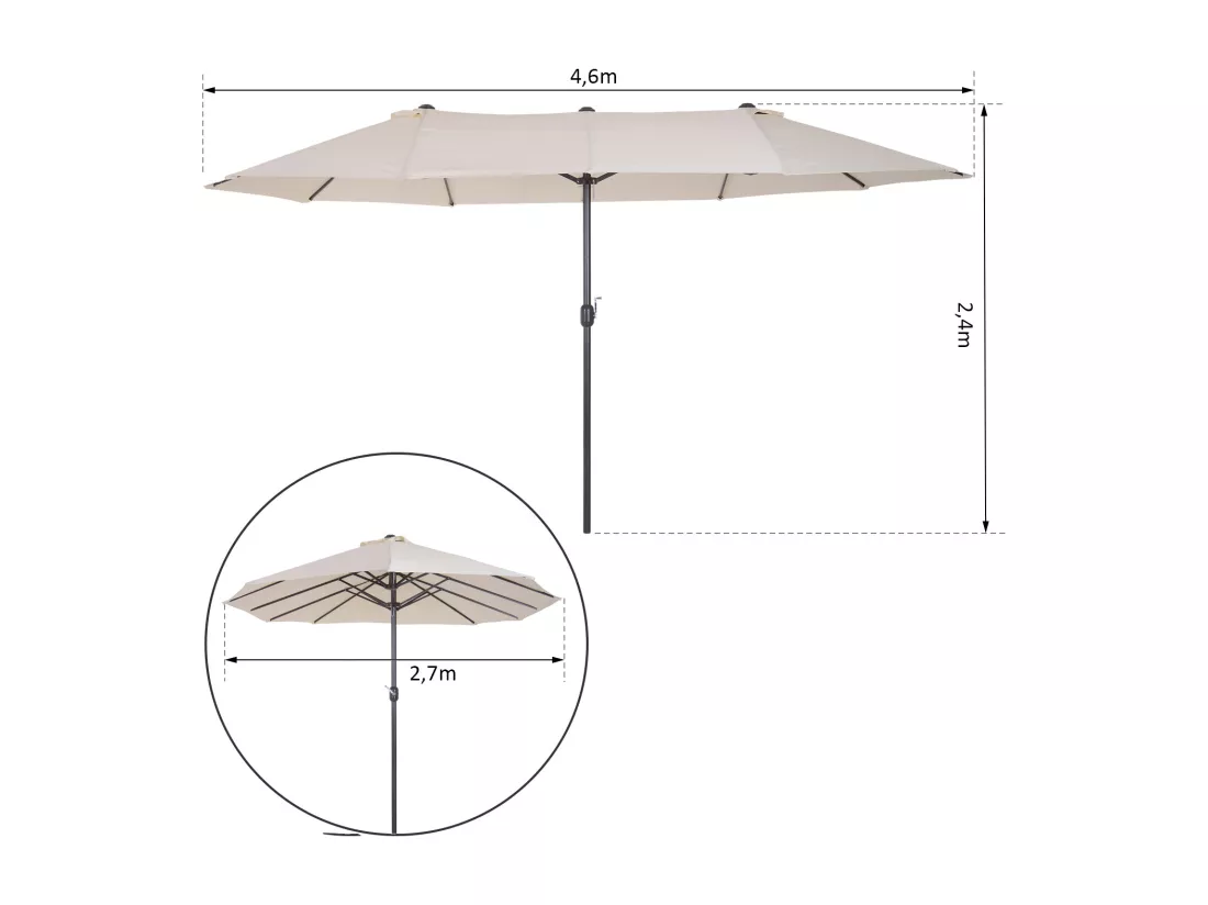 Parasol de jardin XXL parasol grande taille 4,6L x 2,7l x 2,4H m manivelle acier polyester haute densité crème