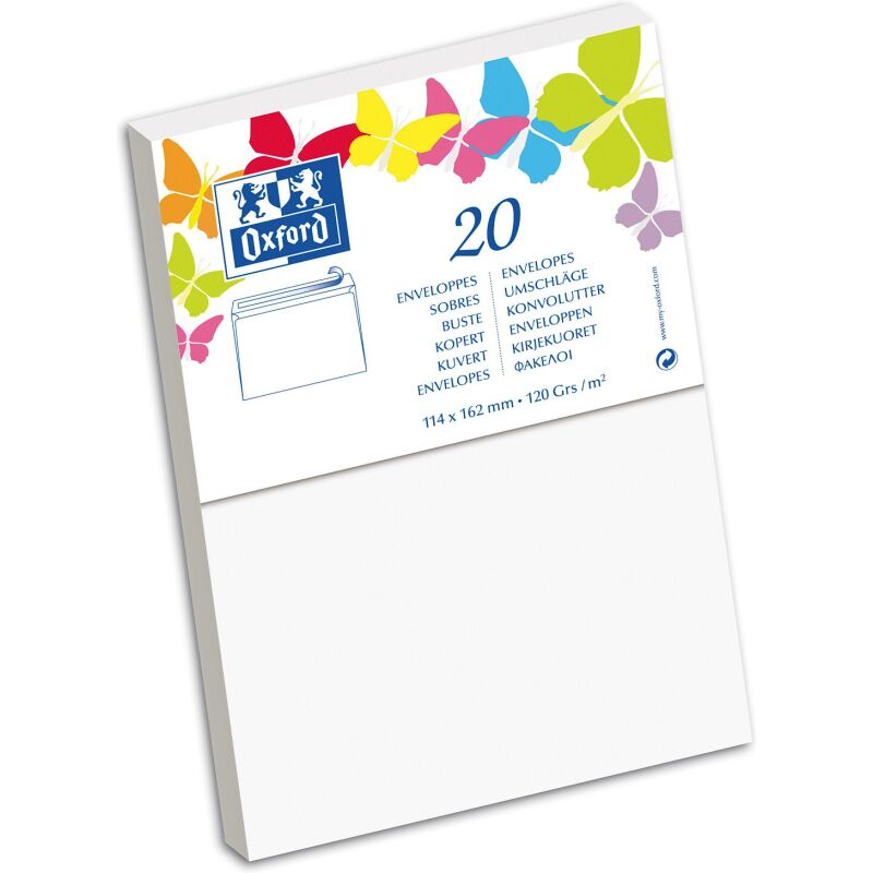 Paquet d'enveloppes Oxford 114x162 x20 auto adhesive blanc