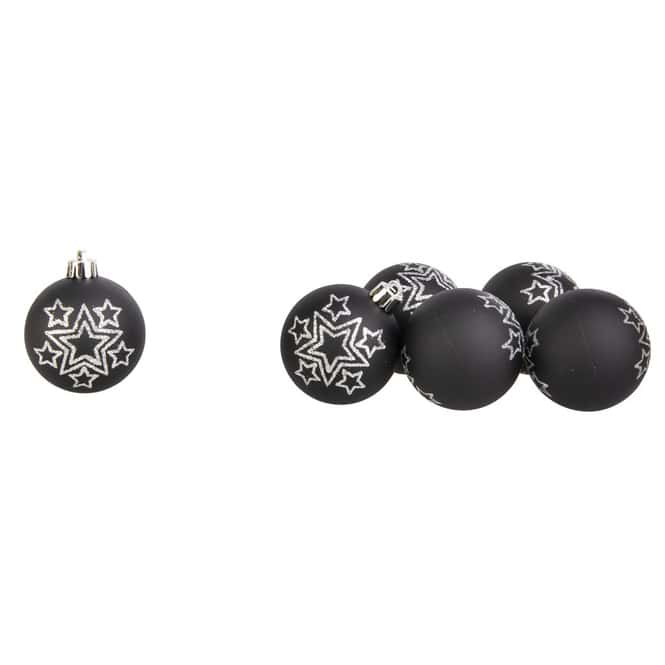 Christbaumkugeln mit Sternen - bruchfest - schwarz/silber - ca. 6 cm - 6 Stück