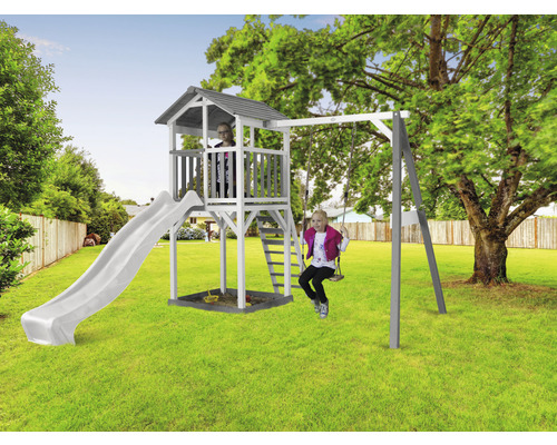 Axi Beach Tower speeltoren met enkele schommel en glijbaan, wit hout, grijs, wit