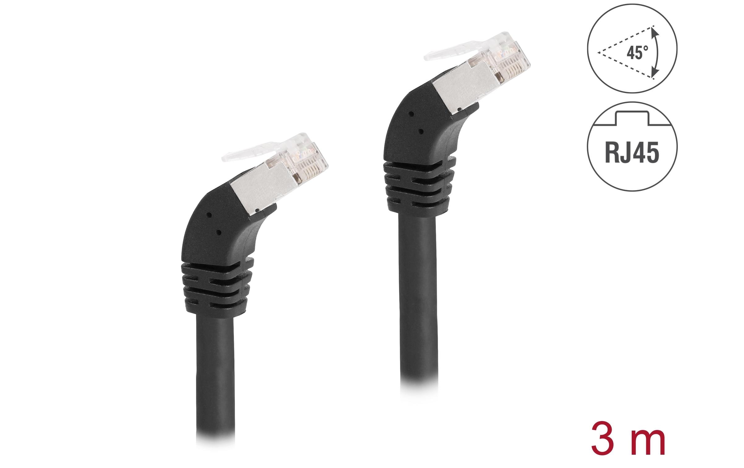 Patchkabel 45° unten gewinkelt Cat 6A, S/FTP, 3 m, SchwarzDelock RJ45 Netzwerkkabel Cat.6A S/FTP 45° nach unten gewinkelt 3 m schwarz