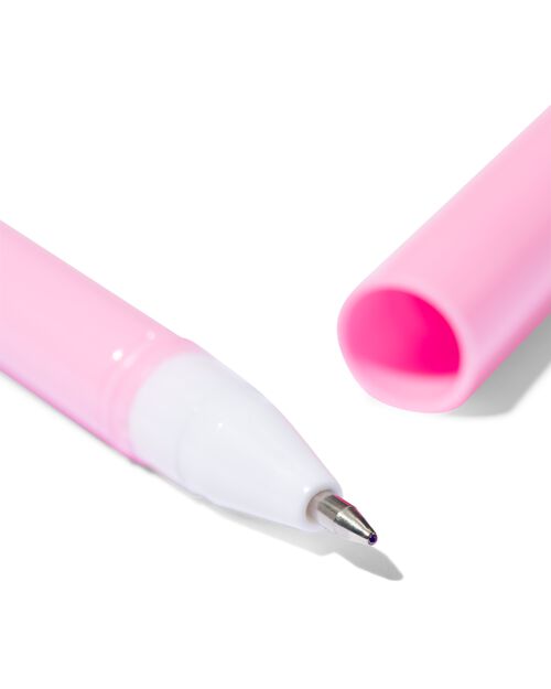 stylo pompon à encre bleue rose/jaune/lilas
