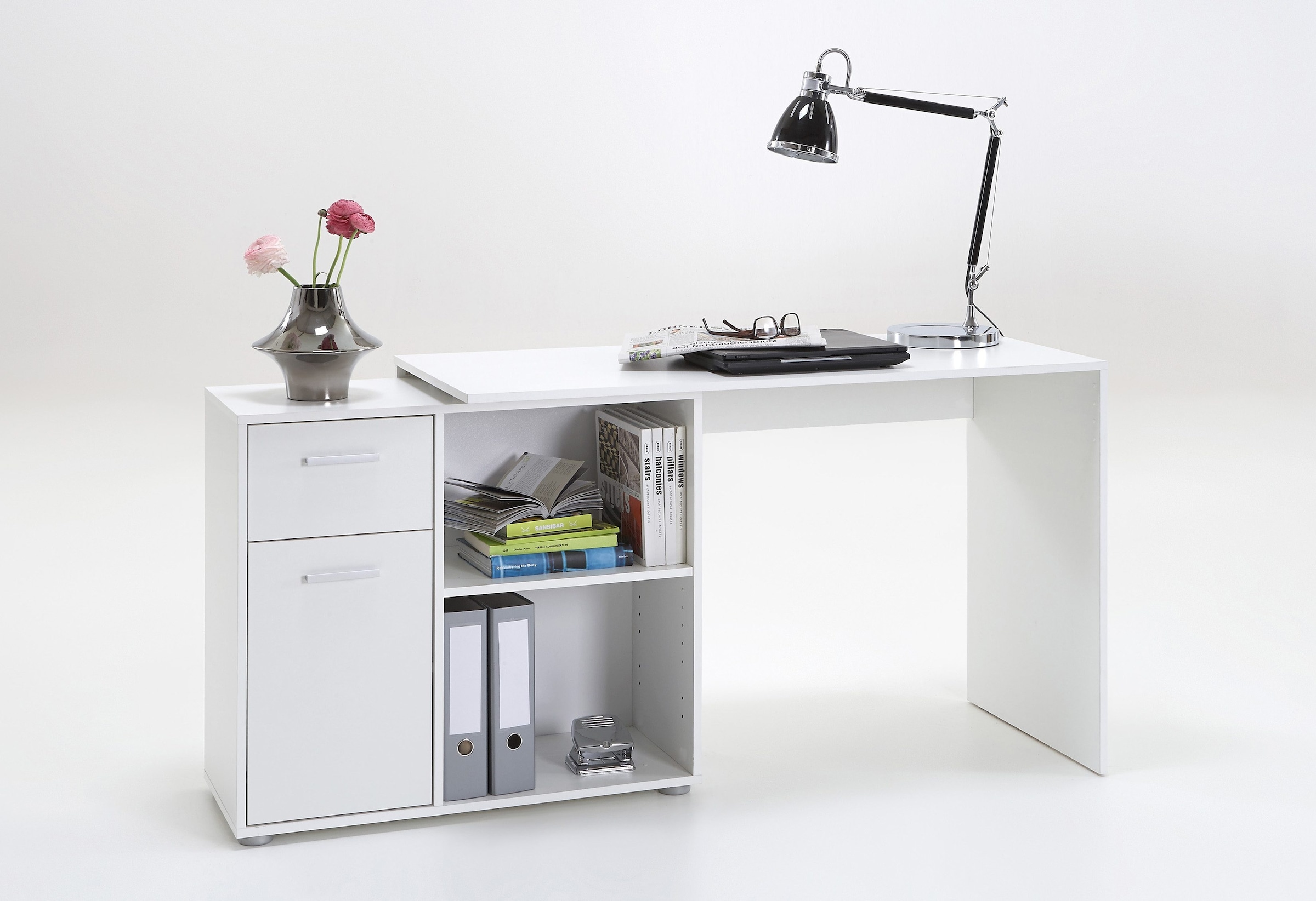 FMD Eckschreibtisch »AUGSBURG« Schreibtisch/ Sideboard m. Stauraum, beids. montierb., 117 oder 148 cm