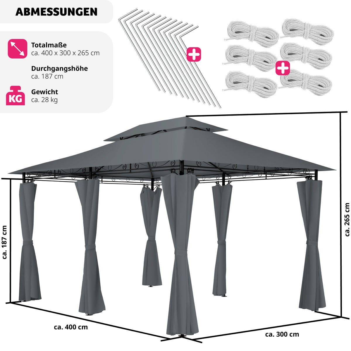 tectake Emine tuinpaviljoen 4 x 3 m inclusief scheerlijnen en haringen