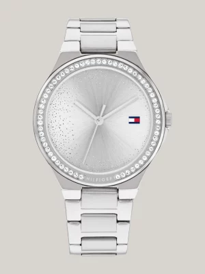 Relógio com pulseira de aço inoxidável cravejada de cristais