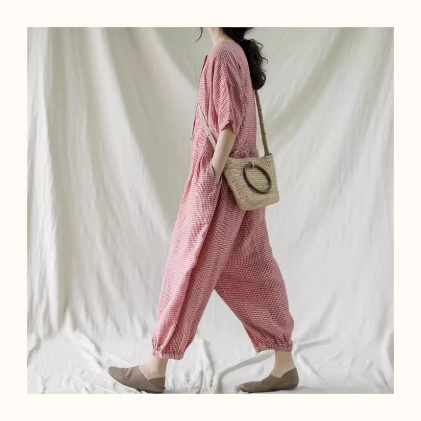 ZIMO - Harem-jumpsuit met korte mouwen en ruitmotief