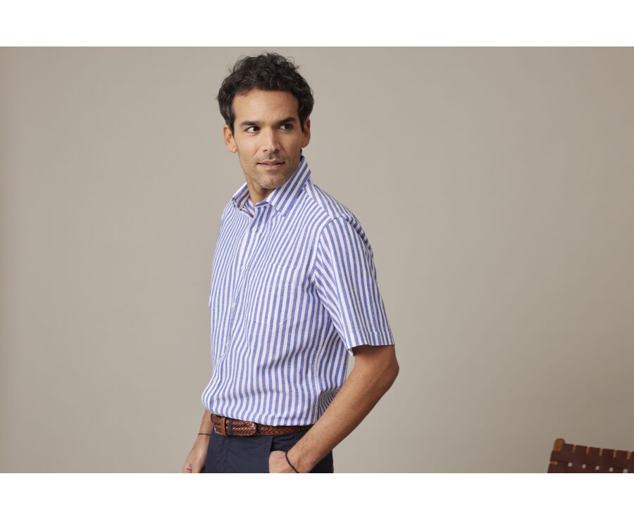 Chemise homme manches courtes bleu océan à rayures blanches - SALVIEN MC