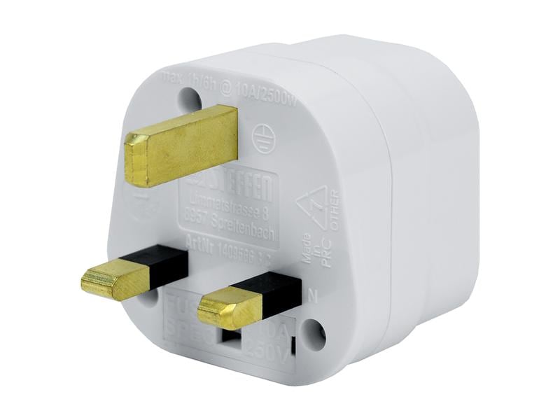 STEFFEN Reiseadapter CH – UK, Weiss Stromadapter mit Schweitzer T13-Steckdose und UK 3-Pol-Stecker Typ G mit Sicherung