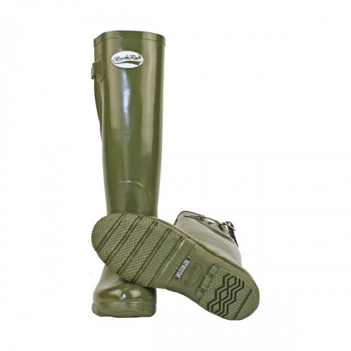 Botas de chuva femininas de cano alto ajustáveis com acabamento brilhante, cor verde-oliva escura.