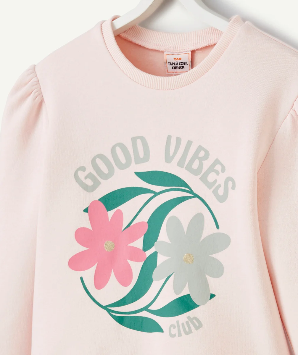 SWEAT MANCHES LONGUES FILLE EN FIBRES RECYCLÉES ROSE AVEC MOTIF FLEUR
