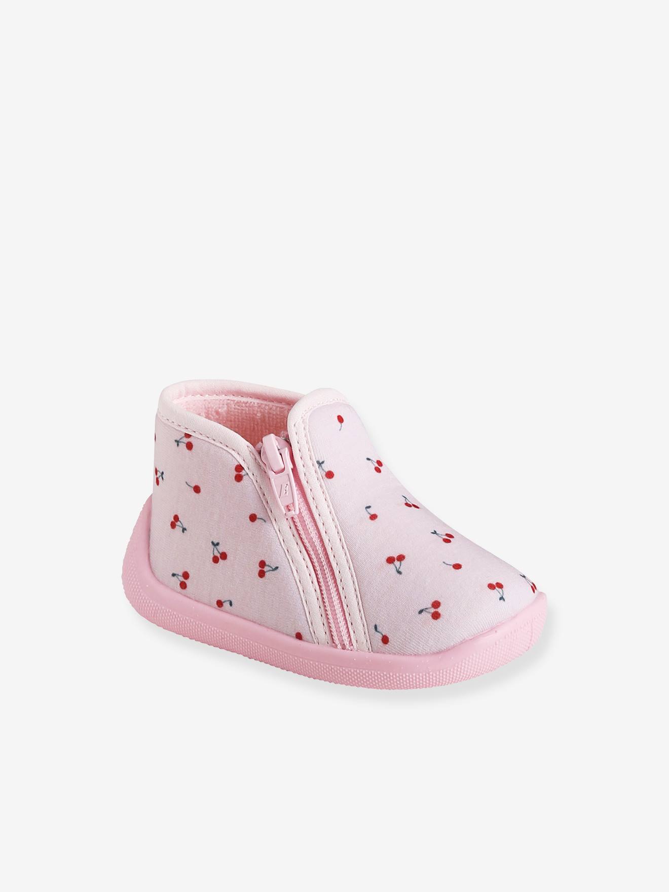 Pantufas de casa rosa para bebê com zíper, fabricadas na França.