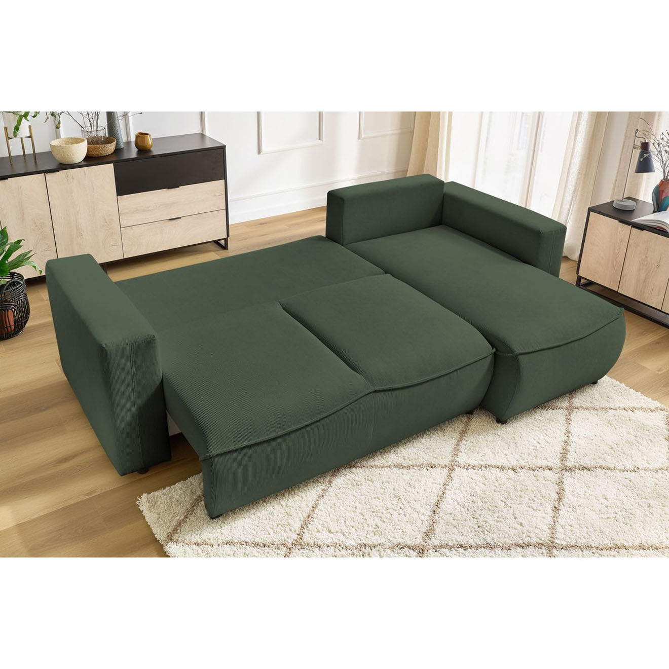Bobochic Canapé d'angle droit convertible coffre jasmin velours côtelé vert - 256x158x90 cm