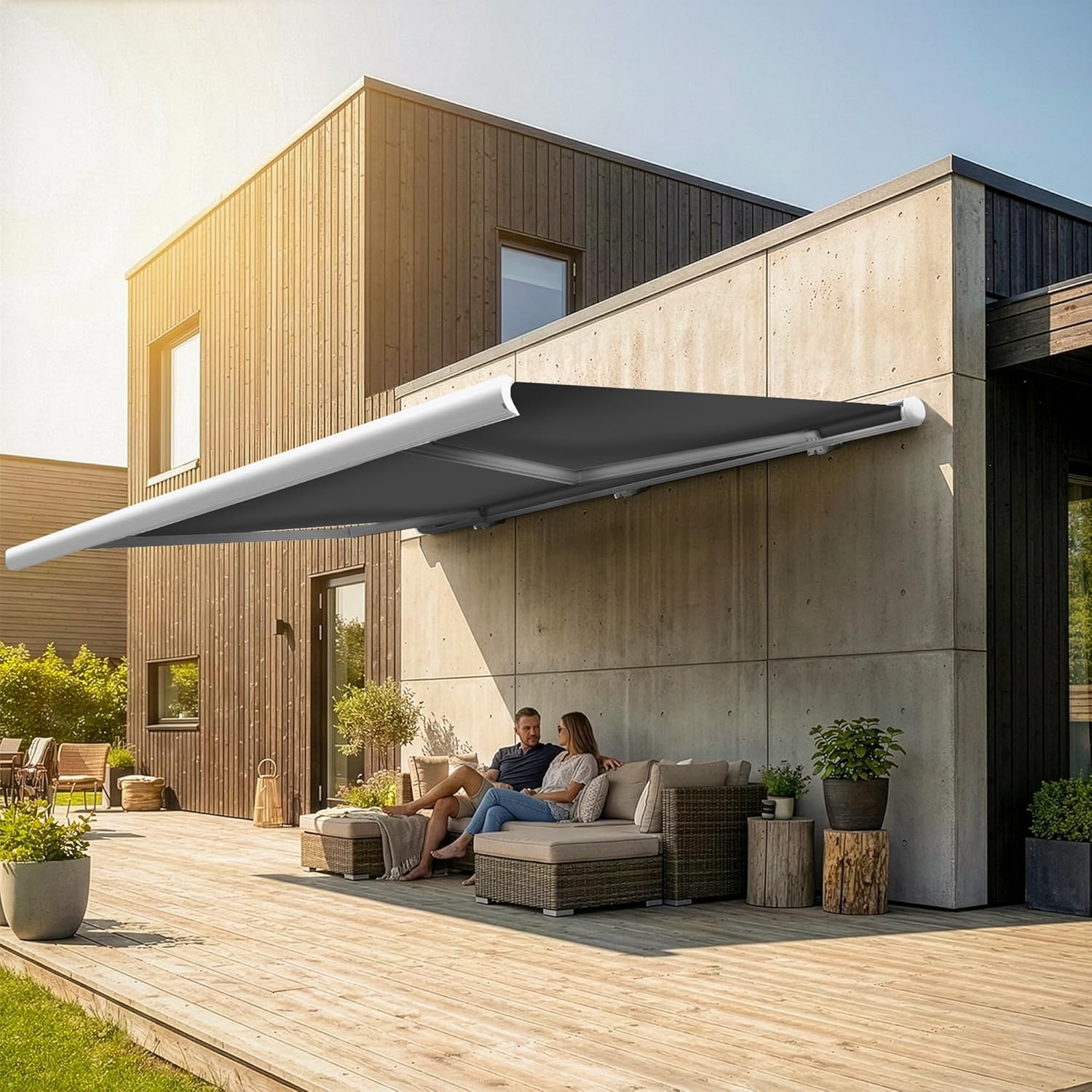 Eclipse Vollkassettenmarkise Premium elektrisch 2,5x2m Markise Balkon Terrassenüberdachung Kassettenmarkise Gelenkarm Polyacryltuch UV-Schutz 50+ Smarthome-fähiger Dooya Motor, Markisentuch: Grau