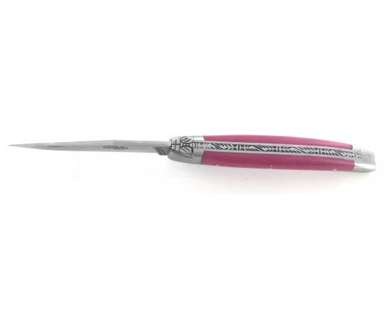 Laguiole 9 cm - 2 mitres - Tissu Compressé Rose Couteau de Poche Forge de Laguiole