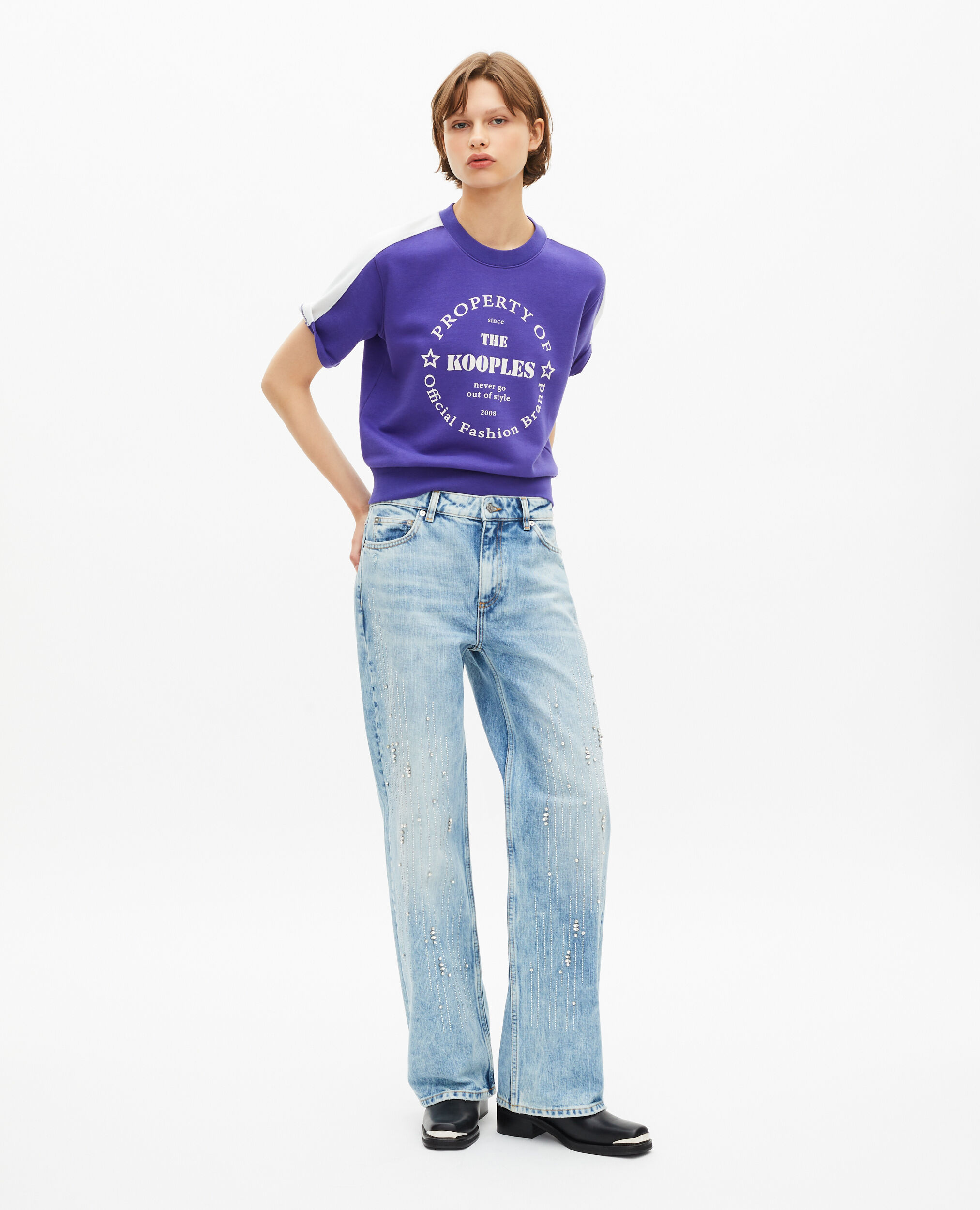 Sweatshirt manches courtes avec sérigraphie violet