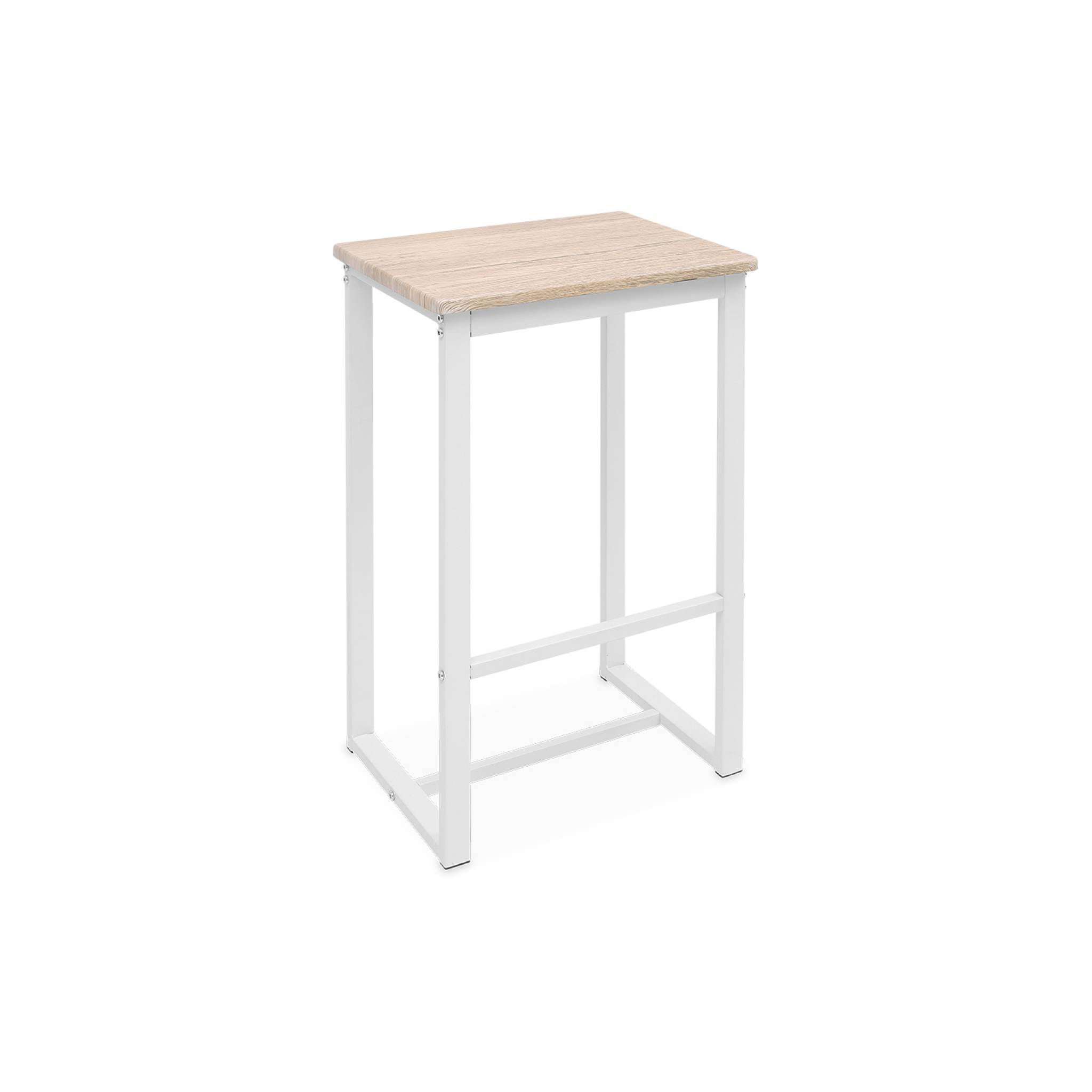 Set table haute rectangulaire loft avec 4 tabourets de bar. Acier et décor bois. Encastrable. Design
